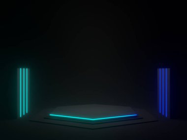 3D siyah geometrik ve mavi renkli neon ışıkları var. Koyu arkaplan.
