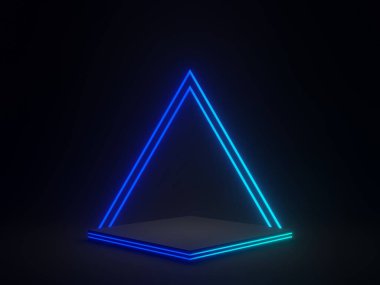 3D siyah geometrik ve mavi renkli neon ışıkları var. Koyu arkaplan.