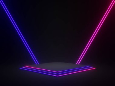 Gradyan neon ışıkları olan 3 boyutlu siyah geometrik. Koyu arkaplan.