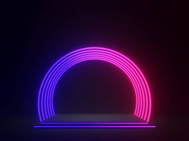 Gradyan neon ışıkları olan 3 boyutlu siyah geometrik. Koyu arkaplan.