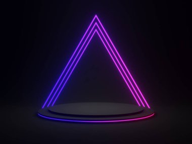 Gradyan neon ışıkları olan 3 boyutlu siyah geometrik. Koyu arkaplan.