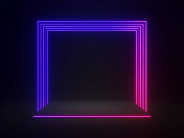 Gradyan neon ışıkları olan 3 boyutlu siyah geometrik. Koyu arkaplan.