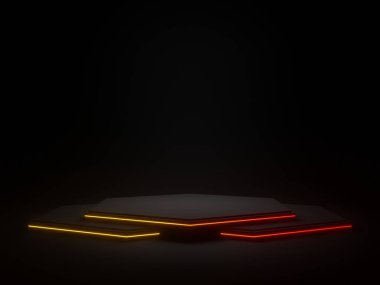 Gradyan neon ışıkları olan 3 boyutlu siyah geometrik. Koyu arkaplan.