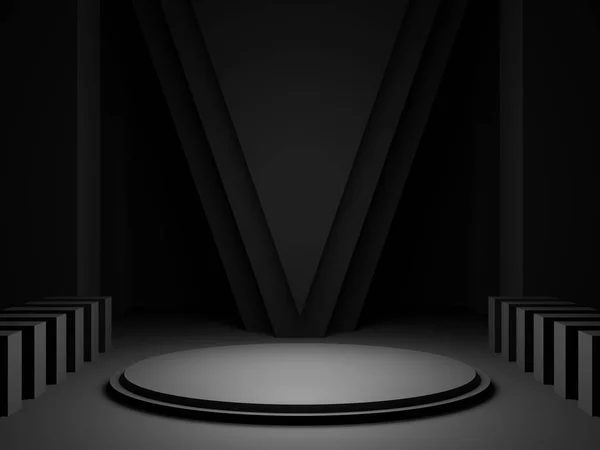 Rendered Black Geometric Product Podium Dark Background — Stock Photo, Image