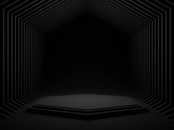 Rendered Black Geometric Product Podium Dark Room Background — Stock Photo, Image