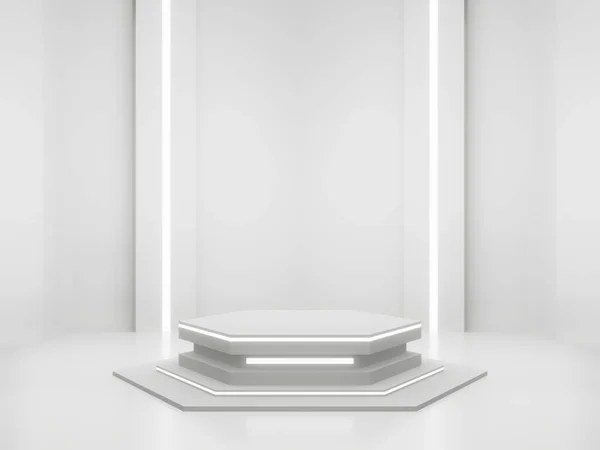 3 boyutlu görüntüleme. Beyaz Bilimkurgu ürün stand-up modeli. Beyaz neon ışıklı bilimsel podyum.
