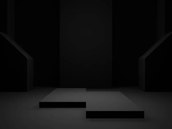 3D渲染黑色几何产品平台 暗室背景 — 图库照片