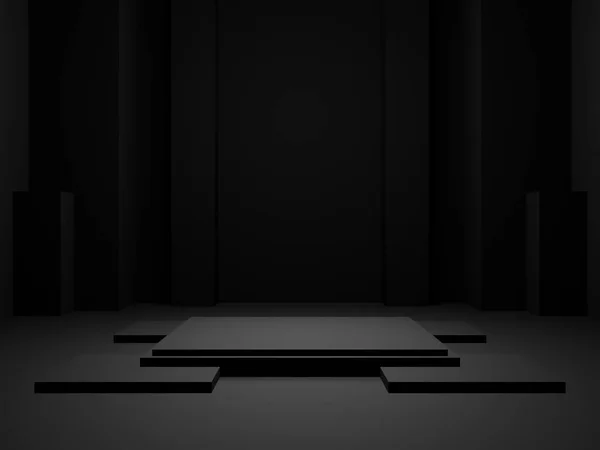 Rendered Black Geometric Product Podium Dark Room Background — Stock Photo, Image