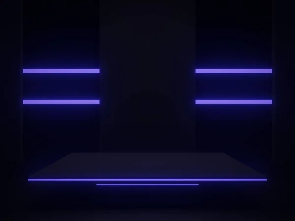 Renderelt Fekete Tudományos Színpad Neon Fények Geometrikus Dobogó Sci Stand — Stock Fotó
