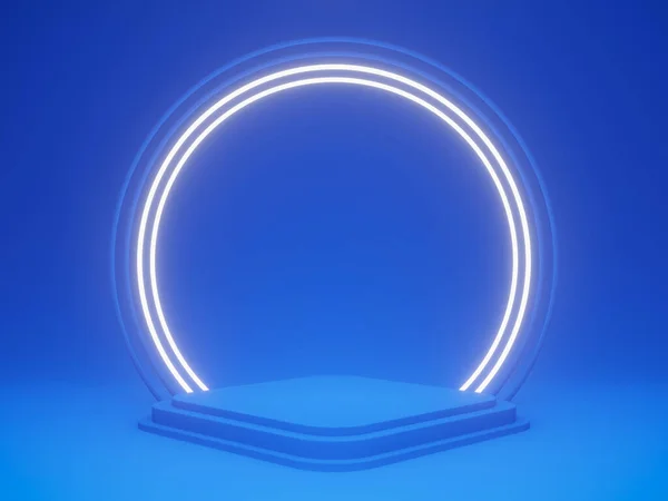 Pódio Azul Renderizado Com Luz Néon Branco — Fotografia de Stock