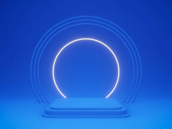 Gerendertes Blaues Podium Mit Weißem Neonlicht — Stockfoto