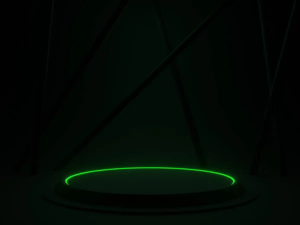Pódio Científico Preto Com Luzes Néon Verde Fundo Escuro — Fotografia de Stock