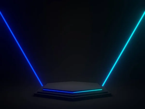 Weergave Zwart Geometrisch Met Blauwe Gradiënt Neon Lichten Donkere Achtergrond — Stockfoto