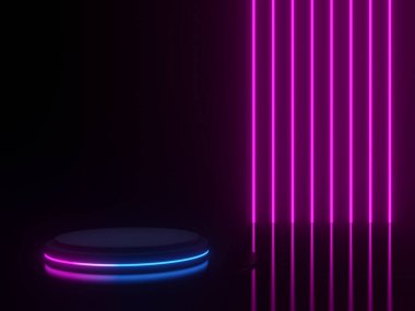 Üç boyutlu siyah geometrik sahne ve neon ışığı. Koyu arkaplan