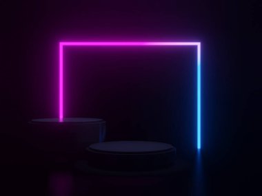 Üç boyutlu siyah geometrik sahne ve neon ışığı. Koyu arkaplan