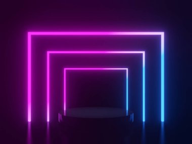 Üç boyutlu siyah geometrik sahne ve neon ışığı. Koyu arkaplan