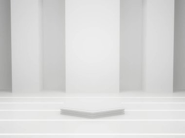 3 boyutlu görüntüleme. Beyaz Bilimkurgu ürün stand-up modeli. Beyaz neon ışıklı bilimsel podyum.