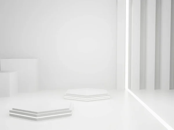 Rendering White Sci Product Stand Scientific Podium White Neon Lights — Fotografia de Stock