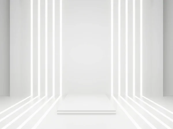 3Dレンダリング ホワイトSci Fi製品はモックアップになります 白いネオンライトと科学的な表彰台 — ストック写真