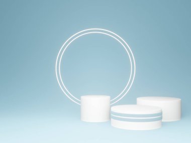 Açık mavi ürün standı. Pastel podyum. 3B görüntüleme.