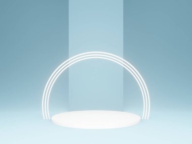 Açık mavi ürün standı. Pastel podyum. 3B görüntüleme.