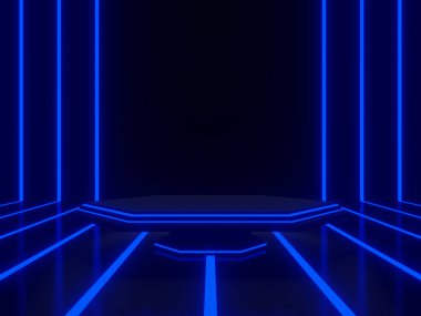 3D oluşturulmuş mavi şeritli neon arkaplan.
