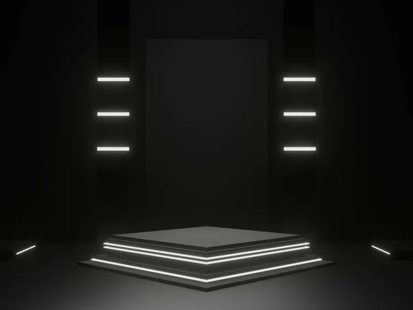 3Dブラック科学的背景 白いネオンライトの暗い表彰台 — ストック写真