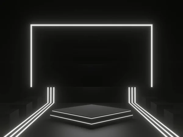 Boyutlu Kara Bilim Geçmişi Beyaz Neon Işıkları Olan Karanlık Podyum — Stok fotoğraf