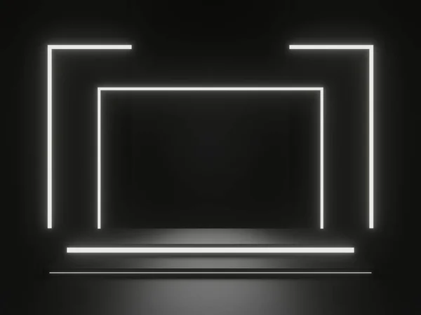 Black Fundo Científico Pódio Escuro Com Luzes Néon Branco — Fotografia de Stock