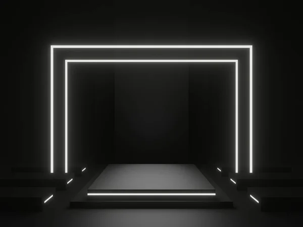 Black Scientific Background Dark Podium White Neon Lights — Zdjęcie stockowe