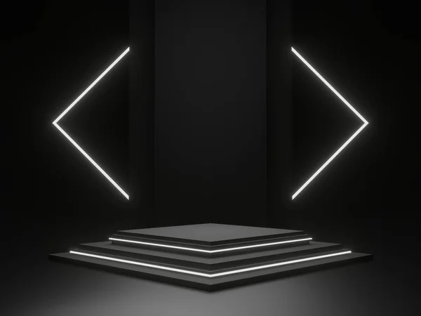 Black Scientific Background Dark Podium White Neon Lights — Stock Fotó