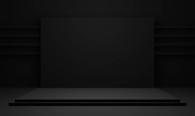 3 boyutlu siyah geometrik ürün podyumu. Karanlık sahne arkaplanı.