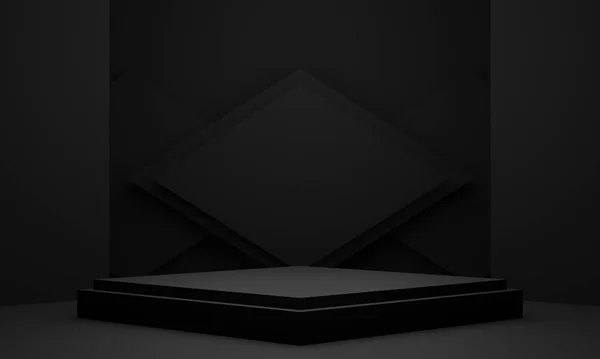 3 boyutlu siyah geometrik ürün podyumu. Karanlık sahne arkaplanı.