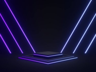 Gradyan neon ışıkları olan 3D siyah geometrik podyum.