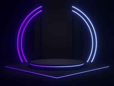 Gradyan neon ışıkları olan 3D siyah geometrik podyum.