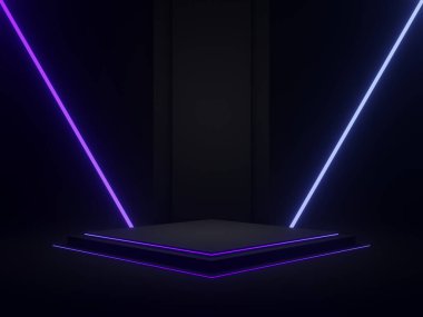 Gradyan neon ışıkları olan 3D siyah geometrik podyum.