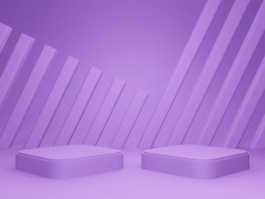 3 boyutlu mor geometrik podyum. Ürünler hazırlanıyor..