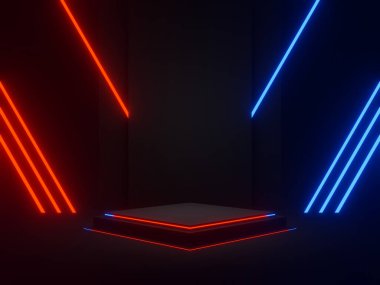 3D, kırmızı ve mavi neon ışıklarla siyah geometrik podyum.