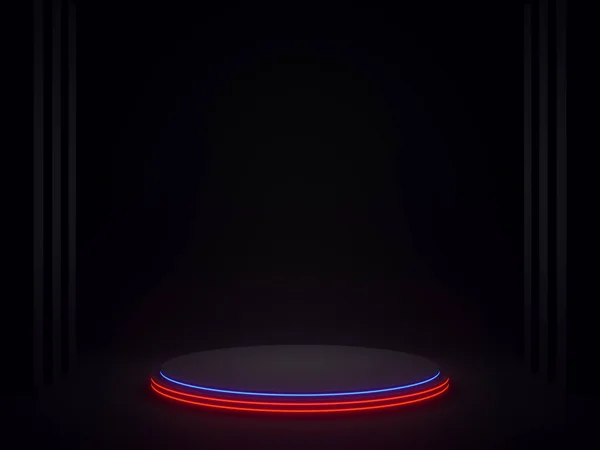 Kırmızı Mavi Neon Işıklarla Siyah Geometrik Podyum — Stok fotoğraf