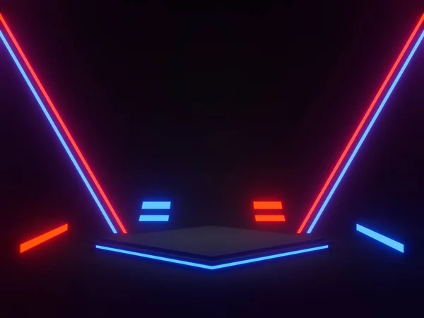 Zwart Geometrische Podium Met Rode Blauwe Neon Lichten — Stockfoto