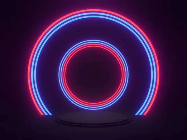 Renderat Svart Geometriskt Podium Med Rött Och Blått Neonljus — Stockfoto