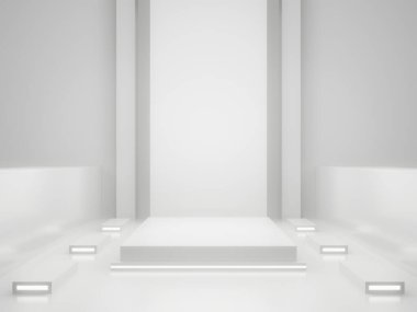 3D, Beyaz Bilim-Kurgu ürün standının maketini yaptı. Beyaz neon ışıklı bilimsel podyum.