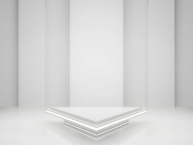 3D, Beyaz Bilim-Kurgu ürün standının maketini yaptı. Beyaz neon ışıklı bilimsel podyum.