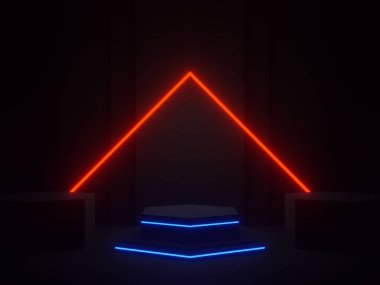 3D, kırmızı ve mavi neon ışıklarla siyah geometrik podyum.