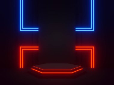 3D, kırmızı ve mavi neon ışıklarla siyah geometrik podyum.