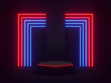 3D, kırmızı ve mavi neon ışıklarla siyah geometrik podyum.