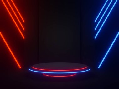 3D, kırmızı ve mavi neon ışıklarla siyah geometrik podyum.