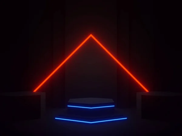 Redat Podium Geometric Negru Lumini Neon Roșu Albastru — Fotografie, imagine de stoc