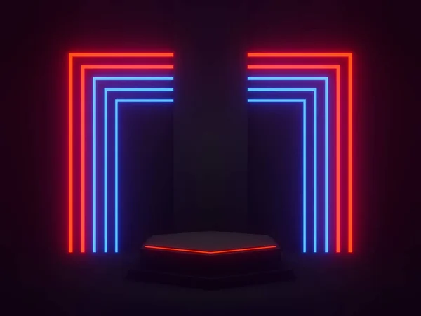 3D rendered black geometric podium with red and blue neon lights.