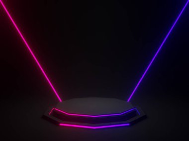 Gradyan neon ışıkları olan 3D siyah geometrik podyum.